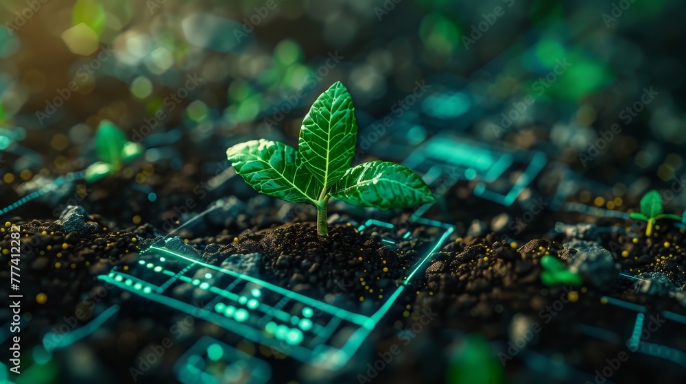A digital concept of a futuristic plant sprout growing from the soil A digital concept of a futuristic plant sprout growing from the soil