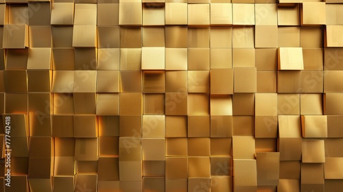 3d rectangular patterns arranged from small to large. Texture of gold panel wall, abstract background, Gold bars background ,Golden cubes background,Abstract geometric golden blocks lights. Wall glass