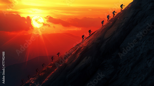 Silhouetted climbers ascending a steep mountain at sunset with vibrant orange sky in the background, conveying a concept of challenge. Generative AI photo