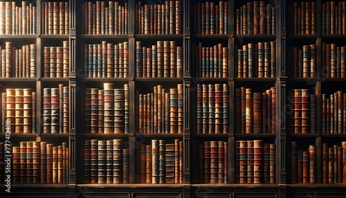 A grand bookshelf filled with rows of antique leather-bound books, exuding a sense of history and scholarly ambiance.