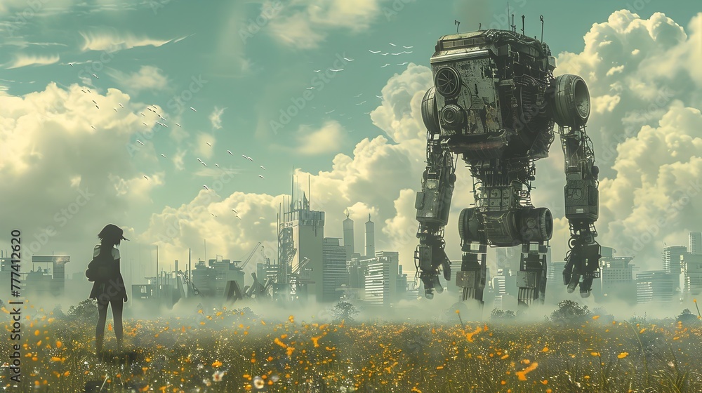 Fototapeta premium Woman and Girl in Field with Giant Robot, To convey a sense of harmony between nature and technology in a unique and eye-catching way