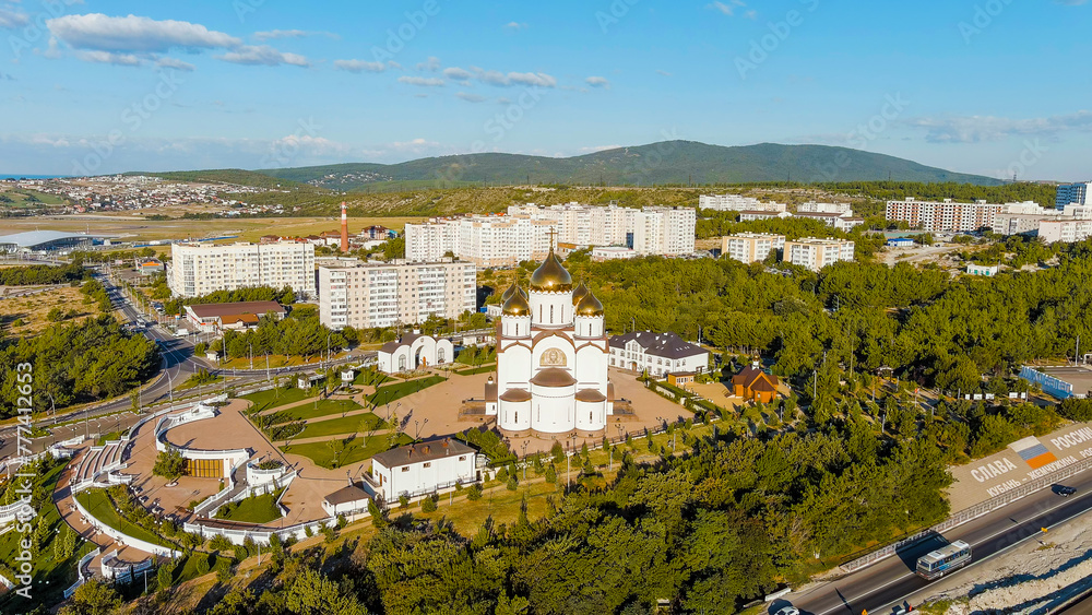 Gelendzhik, Russia. Cathedral of St. Andrew the First-Called. The text along the M4-Don Highway is translated: Glory to Russia, Kuban-Pearl of Russia, Aerial View