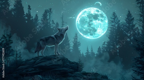Wolf and Moon in the Night Forest, To convey a sense of tranquility and beauty in nature with a stylized twist