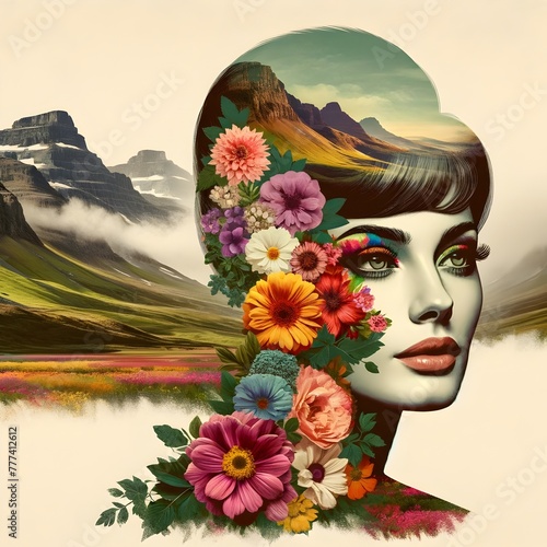 Artistic surreal portrait of a woman, with her hair and silhouette made of vibrant flowers and scenic landscape.