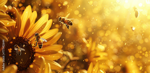 A group of bees fly around sunflowers, with the sunlight shining through them. The background is blurred to focus on the flowers and honeybees