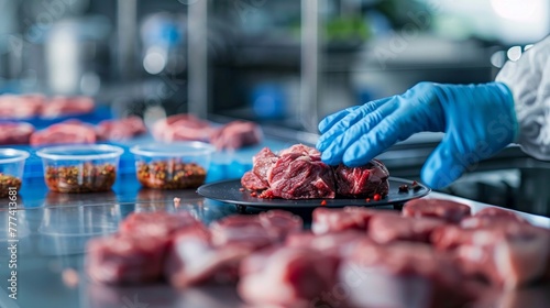 a scientists hands in blue gloves, carefully inspecting meat samples from various petri dishes