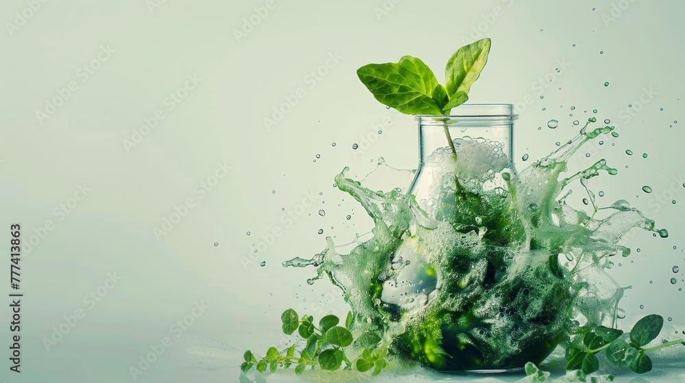 A laboratory beaker swirling mist or water droplets