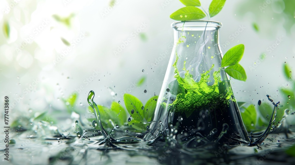 A laboratory flask brimming with green liquid and adorned with plant leaves A laboratory flask brimming with green liquid and adorned with plant leaves
