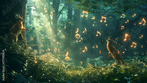 Animals with musical notes in forest.