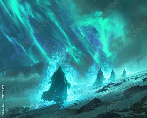 Magical beings cloaked in auroras