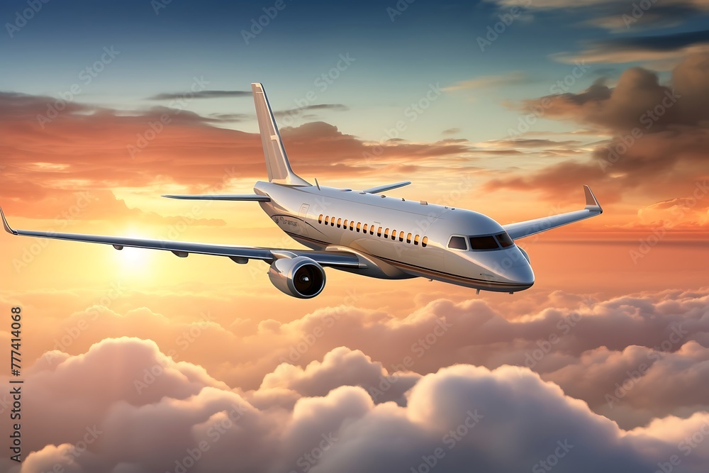Airplane flying in the sky at sunset. Business travel concept