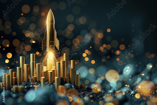 A stylized rocket ship composed of rising golden bars blasts off with a trail of glowing sparks, symbolizing rapid growth and exceeding expectations. Copy space photo