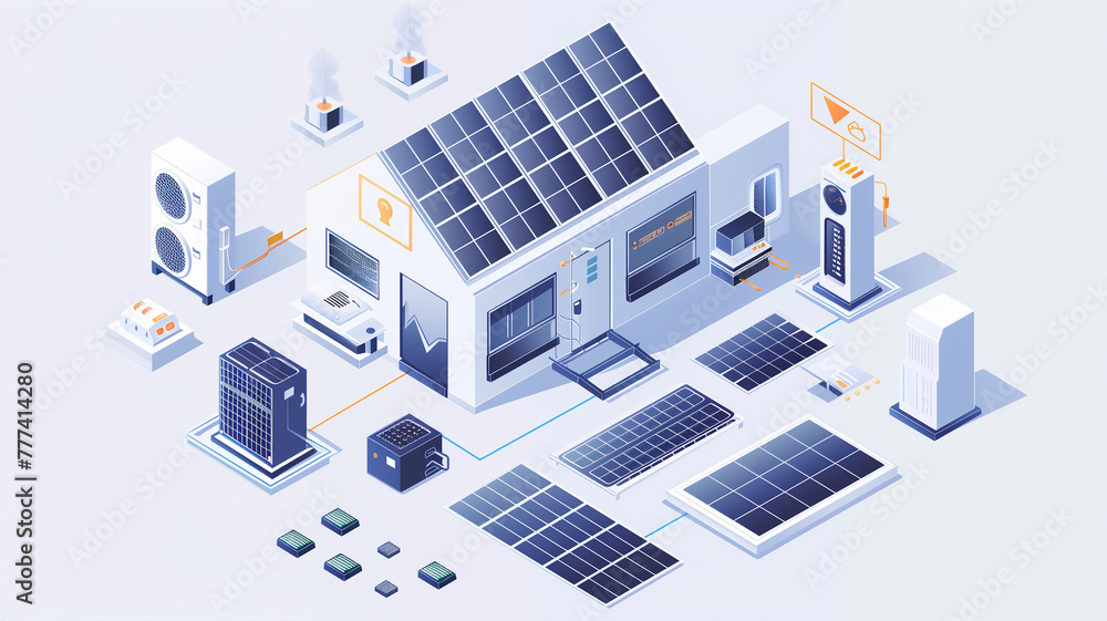 Isometric solar-powered warehouse. Isometric solar-powered warehouse.
