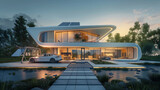 Futuristic house with solar panels.

