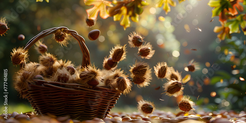 pile of peeled hazelnuts soars upwards on a black background sweet chestnuts falling in basket photo