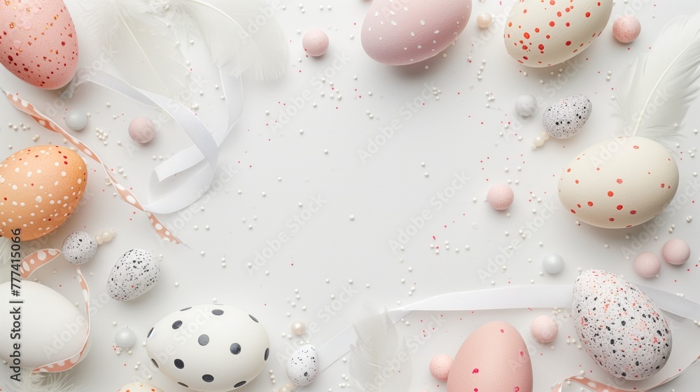 Colorful Easter eggs with feathers and ribbons on a white background Colorful Easter eggs with feathers and ribbons on a white background