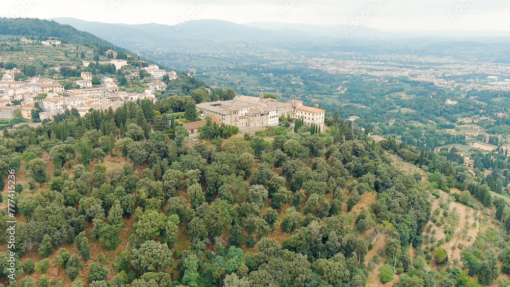Florence, Italy. Convent San Francesco. Nunnery on mountain. Summer, Aerial View