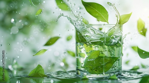 A symbolic visualization of the Green Corporations legend, featuring green leaves and plants swirling artistically in a beaker of water