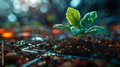 A tiny plant sprouts from the earth against a futuristic scene