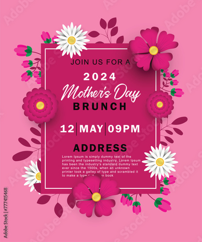 Mother's day invitation party poster template with flowers and leaf