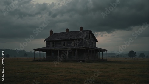 Abandoned House in a Moody Field at Dusk photo