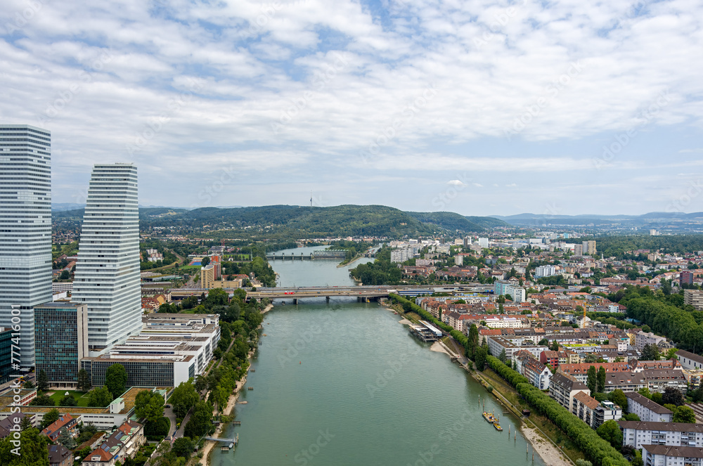 Basel, Switzerland. Rhine river with lock and dam. Summer day. Aerial view
