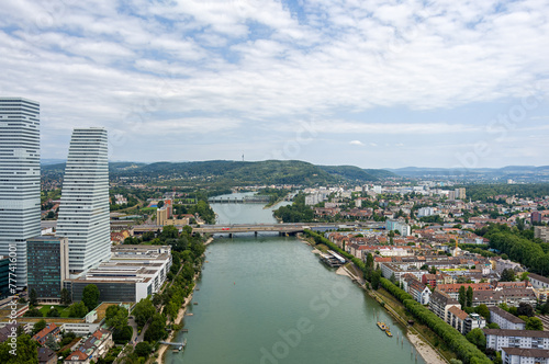 Basel, Switzerland. Rhine river with lock and dam. Summer day. Aerial view