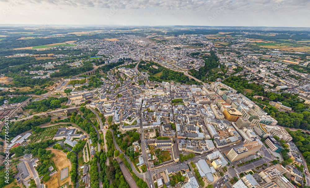 Luxembourg City, Luxembourg. Panorama of the city. Summer day, cloudy weather. Aerial view