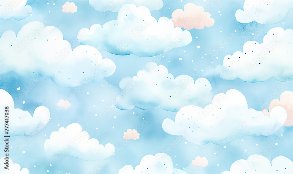 Watercolor Pastel Blue Clouds Pattern Background