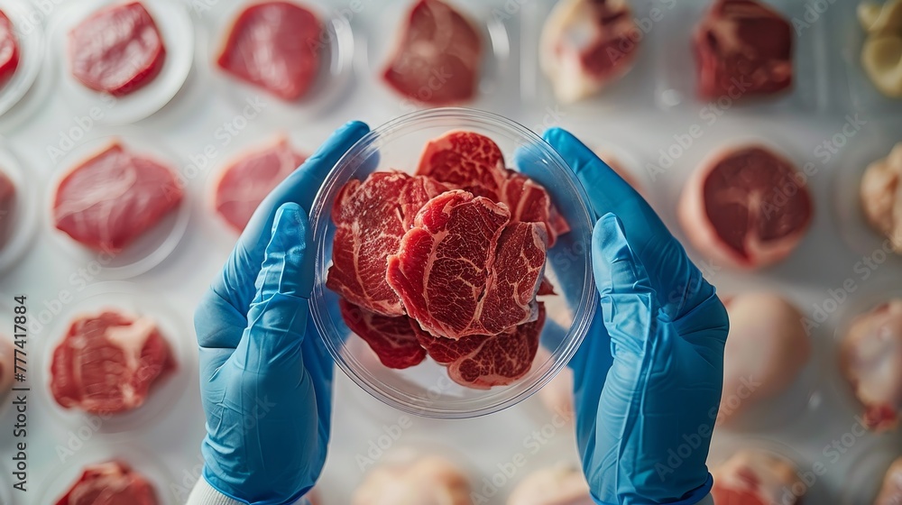 Fototapeta premium An image featuring blue-gloved hands holding a petri dish filled with meat steaks