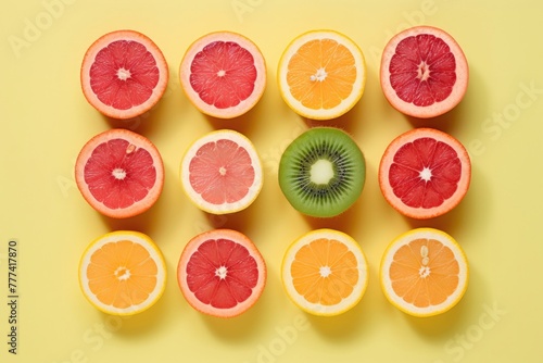Top view of slices of fresh citrus fruits and kiwi on bright yellow background.