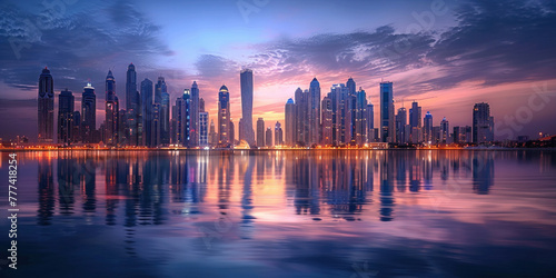 Stunning Dubai Skyline at Sunset with Reflection of Water and Sky in Buildings, Captured in Perfect Harmony