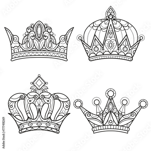 Many crowns hand drawn for adult coloring book