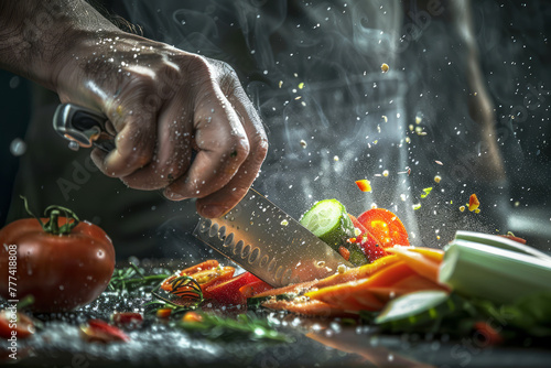 Chef utilizza abilmente un coltello da cucina per tagliare le verdure fresche con precisione