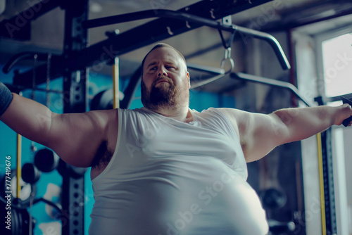 Photo of a fat guy in sportswear doing exercises in the gym on a sports machine
