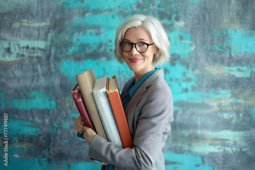 blonde woman with glasses and books on a blue background. teacher, pedagogue