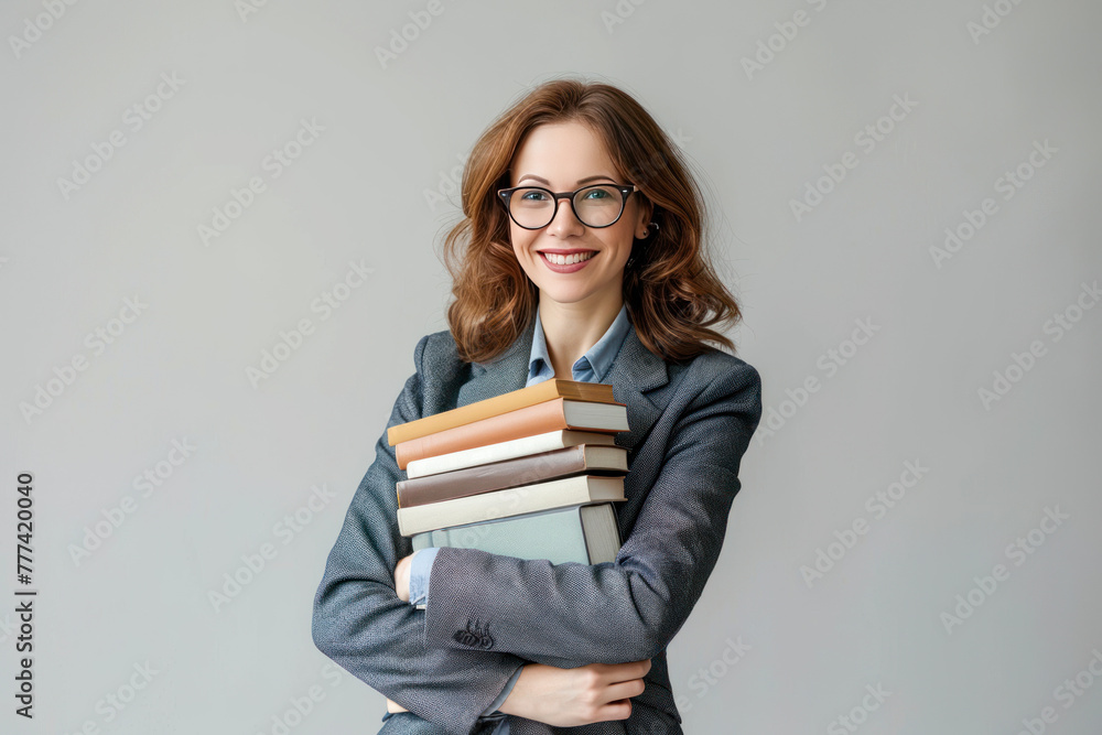 female teacher or student with glasses holding textbooks in a business suit on a gray plain background female teacher or student with glasses holding textbooks in a business suit on a gray plain background