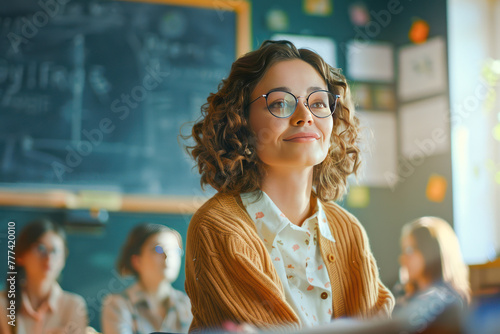 Young woman with glasses in classroom Teacher's Day.