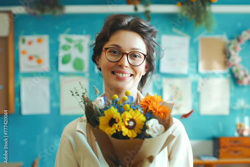 female school teacher in glasses with flowers in classroom. Teacher's Day.