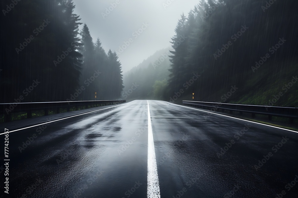 Highway in the mountains with fog and stormy clouds Highway in the mountains with fog and stormy clouds