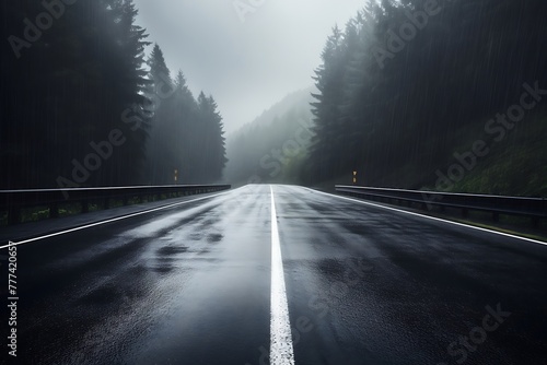 Highway in the mountains with fog and stormy clouds
