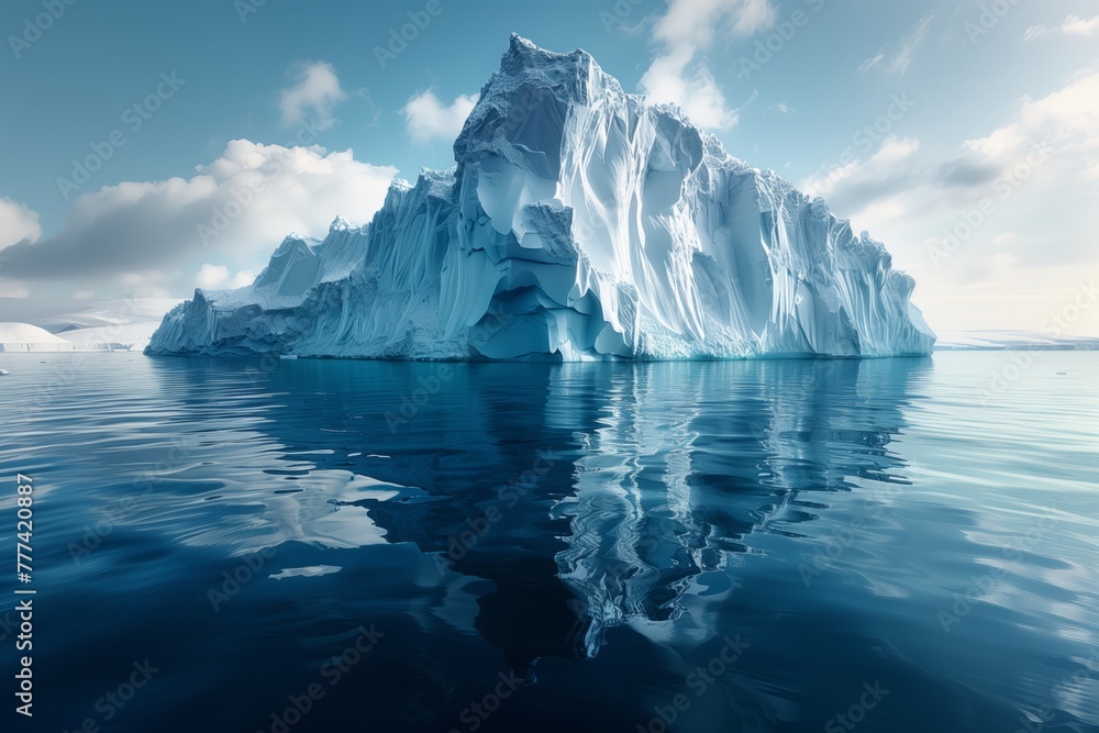 An enormous iceberg drifts in the vast ocean, surrounded by water, under a clear sky with fluffy clouds. The icy landscape merges with the horizon in a stunning natural display