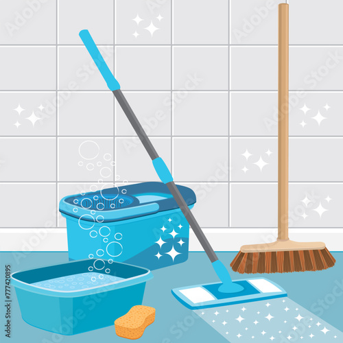 House cleaning service.  Vector icon. Broom, bucket, mop, basin and sponge. Hand drawn illustration.