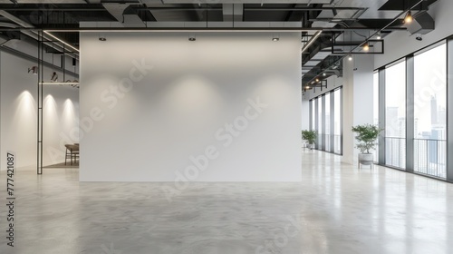 empty white wall for poster or picture frame, spacious sunlit office with modern environment background. 3D rendering.Ai generated photo