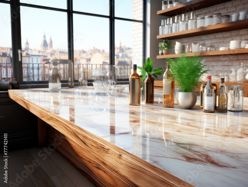 A modern kitchen counter with bottles and plants  photo-realistic style  cityscape background  concept of interior design. Generative AI