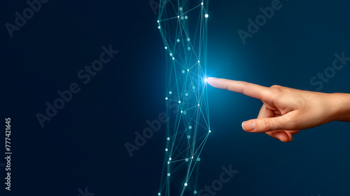 A hand interacts with glowing digital connections on a blue background, symbolizing technology and connectivity. Generative AI