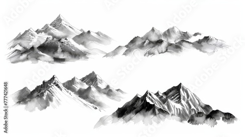 Traditional Japanese ink wash painting sumi-e depicting a set of mountains drawn with ink. © Mark