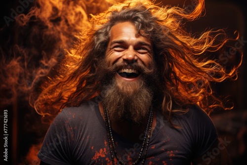 Smiling Man With Long Hair and Beard Generative AI