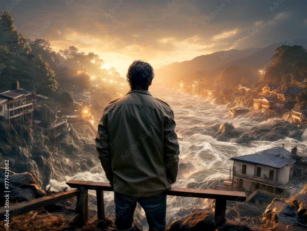 Person observing a surreal flood in a village at sunset, a photorealistic image against a dramatic landscape, evoking a concept of disaster. Generative AI Person observing a surreal flood in a village at sunset, a photorealistic image against a dramatic landscape, evoking a concept of disaster. Generative AI