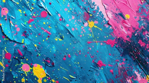 A closeup of a vibrant  abstract painting with a splattered paint texture. Vivid colors like electric blue  hot pink  and neon yellow